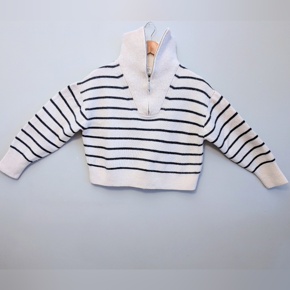 SOLD La Ligne New York Bastien Sweater Merino Cream& Navy Stripe Crop Zipper SM